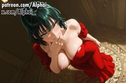 2025 2026 absurd_res absurdres ai_generated alphai ballroom blush blush_lines cinematic_lighting colorful_background depth_of_field detailed_background detailed_hair detailed_skin dramatic_shadows embarrassed female from_above fubuki_(one-punch_man) fubuki_(one_punch_man) full_body hand_on_mouth high_quality high_resolution highres indoors naughty_face nipples one-punch_man one_punch_man particles raised_eyebrows red_dress semirealistic side_angle skindentation solo standing torn_clothes volumetric_lighting
