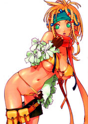 absurdres al_bhed_eyes bikini bikini_pull blonde_hair braid breasts female female_only final_fantasy final_fantasy_x final_fantasy_x-2 fingerless_gloves front-tie_top gloves green_eyes hands headband highres human kotobuki_tsukasa leaning_forward lips long_hair nagoya_shachihachi nipple_slip nipples nude panties panty_pull pussy rikku scarf skirt skirt_pull solo swimsuit uncensored underboob underwear wedgie