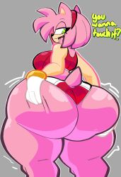 1girls amy_rose anthro ass bracelet breasts english_text eulipotyphlan eyelashes female female_focus female_only furry gloves grabbing_ass grabbing_ass_from_behind green_eyes hairband hedgehog hedgehog_humanoid hips large_ass large_breasts metaruso mobian_(species) pink_fur sega short_shorts shorts sideboob sonic_(series) sonic_the_hedgehog_(series) sports_bra text thick_thighs thighs tongue tongue_out wide_hips