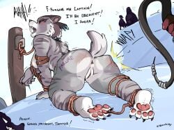 all_fours anthro anthrofied anus ass blue_sky_studios bondage bound breasts captain_gutt_(ice_age) dialogue duo english_text felid female flynn flynn_(ice_age) fur genitals grey_body grey_fur gupta gupta_(ice_age) hi_res ice_age:_continental_drift ice_age_(series) mammal nipples pain prehistoric_species punishment raz raz_(ice_age) saber-toothed_tiger shira_(ice_age) smilodon solo_focus squint squint_(ice_age) text vulva whip whip_mark whipping whipping_butt white_body white_fur zinnick