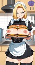ai_generated android android_18 areolae areolas big_breasts blonde-haired_female blonde_female blonde_hair blue_eyes boobs_out breast_burger breasts breasts_on_tray breasts_out breasts_out_of_clothes breasts_outside burger burgers dragon_ball dragon_ball_(classic) dragon_ball_(series) dragon_ball_gt dragon_ball_super dragon_ball_z earring female female_focus female_only food food_on_body food_play jorgecarlosai kitchen maid maid_apron maid_dress maid_headdress maid_outfit maid_uniform mature mature_female mature_woman medium_hair milf milf_body mommy mommy_kink mommy_milkers nipples sexy skirt smile smirk standing thighhighs thighs tray watermark