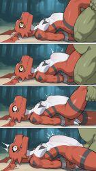 ai_generated digimon dinosaur guilmon orc orc_male penetration raped_by_monster red_body red_skin stomach_bulge