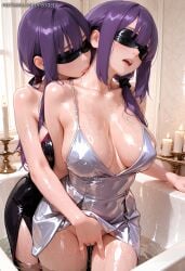 2girls ai_generated bangs bare_shoulders black_blindfold black_dress blindfold blush breasts candle cleavage clothes_lift collarbone covered_navel covered_nipples dress fate_stay_night female female_only fingering indoors large_breasts long_hair medusa multiple_girls open_mouth patreon_username purple_eyes purple_hair purple_hair_long_with_bangs pussy_juice reflection rider_outfit_with_blindfold_and_very_revealing_dress shiny shiny_skin wet yuri