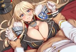 lying_on_back unworn hat cleavage large breasts show teeth emphasis lines paizuri paizuri_under_clothes military_uniform