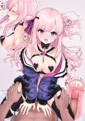 1boy absurdres akatsuki_yureru_koi_akari areola_slip bare_shoulders black_bow black_bowtie black_thighhighs blue_jacket blush bouncing_breasts bow bowtie breasts censored cleavage closed_eyes clothed_female_nude_male clothed_sex commentary_request commission covered_nipples cowgirl_position criss-cross_halter cum duplicate eyelashes female fingernails floating_hair furrowed_brow grey_background hair_bun hairbow halterneck hands_on_another's_thighs happy_sex heart heart_pasties highres himari_ii internal_cumshot jacket jacket_partially_removed kazamine_setsugekka large_breasts long_hair looking_at_viewer male_pubic_hair mosaic_censoring motion_lines multiple_views navel nose_blush nude open_clothes open_jacket open_mouth panties panties_around_one_leg pasties penis pink_bow pink_hair pov pov_crotch pov_hands profile pubic_hair purple_eyes second-party_source sex sideboob sidelocks simple_background single_side_bun sleeve_bow sleeves_past_wrists smile speech_bubble spoken_heart straddling straight striped_bow sweat teeth thighhighs tongue tongue_out twitching underwear upper_teeth_only vaginal_penetration very_long_hair white_panties zettai_ryouiki
