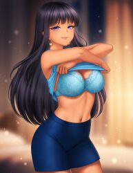 1girls bare_midriff big_breasts black_hair blue_bra blue_shorts blurred_background bra breasts cleavage commission commissioner_upload dark-skinned_female dark_skin earrings female female_only fit fit_female gigamessy human human_only hunie_(series) huniepop kyanna_delrio lace lace_bra large_breasts latina latina_female lifting lifting_own_clothes lifting_shirt lingerie lingerie_bra lingerie_under_clothes long_hair looking_at_viewer navel purple_eyes removing_clothing removing_shirt seducing seducing_viewer seductive seductive_look seductive_smile shirt shirt_lift shirt_up shorts smile smiling smiling_at_viewer solo solo_female stomach taking_clothes_off taking_off_clothes taking_off_shirt taking_shirt_off teasing teasing_viewer undressing vgen_commission