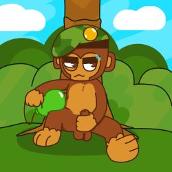 anthro balloon beret bloons_tower_defense clothing grass haplorhine hat headgear headwear hi_res inflatable male mammal masturbation mini_mogsey monkey nervous ninja_kiwi plant primate sniper_monkey_(bloons) solo tree