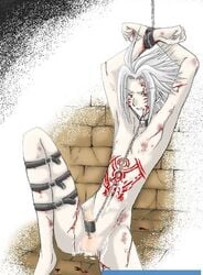 .hack// after_sex blood bondage censored cuffed cum forced haseo legs_held_open male nude penis scar spread_legs tattoo white_hair