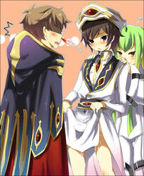 black_hair blood blush brown_hair c.c. code_geass cum green_hair hat kl kururugi_suzaku lelouch_lamperouge long_hair naughty_face nosebleed tease teasing uniform