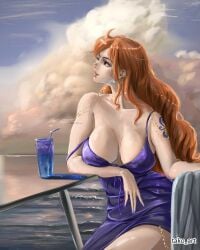 1girls 2d 2d_(artwork) 2d_artwork adult adult_female arm_tattoo big_breasts blue_sky blue_tattoo breasts busty busty_female busty_girl cleavage clothes clouds collarbone day daylight daytime digital digital_art digital_drawing digital_drawing_(artwork) digital_media digital_media_(artwork) drawing dress drink earrings female female_focus female_only fingernails fingers ginger ginger_hair hair_ornament high_resolution highres inframammary_fold large_boobs large_breasts lean_figure lips long_hair looking_up mature mature_female nail_polish nails nami_(one_piece) narrow_waist one_piece orange-eyed_female orange-haired_female orange_eyebrows orange_eyes orange_hair orange_hair_female outdoor outdoors outfit outside post-timeskip purple_clothes purple_dress purple_fingernails purple_nail_polish purple_nails purple_outfit purple_topwear shoulders shueisha sitting sky slender_body slender_waist slim_female slim_waist solo strap_slip tako_art tattoo tattoo_on_arm tattooed_arm topwear upper_body wavy_hair