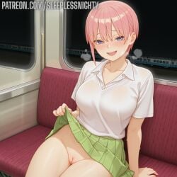 1girls ai_generated blue_eyes blush cleft_of_venus female flashing flashing_pussy go-toubun_no_hanayome hi_res high_resolution highres ichika_nakano lifted_by_self lifting_skirt looking_at_viewer nakano_ichika naughty_face patreon pink_hair pussy sitting sleeplessnighty solo solo_focus steamy_breath sweat tagme the_quintessential_quintuplets train train_interior watermark