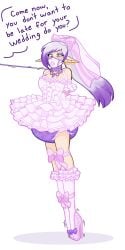 arms_behind_back ballet_heels bondage bound bound_ankles bound_arms bound_legs collar diaper elf_ears english_text eyeshadow gag gagged high_heels leash makeup pink_clothing pointy_ears selkieprince text very_high_heels
