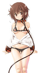 black_panties bondage bra breasts brown_eyes brown_hair character_request collar copyright_request crotchless_panties female female kouguchi_moto leash lingerie looking_at_viewer navel nippleless_clothes nippleless_clothing nipples open_clothes open_shirt panties pussy shirt short_hair slave solo underwear