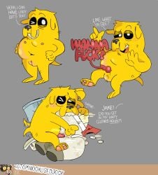 absurd_res adventure_time anthro balls bite canid canine canis cartoon_network dirty_underwear domestic_dog fur genitals grinding hi_res jake_the_dog male mammal masturbation orange_body orange_fur penis pillow pillow_bite pillow_humping solo tomnookusedjock unusual_anatomy unusual_genitalia vulva