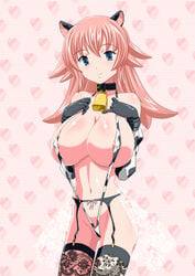 animal_ears areola areolae bare_shoulders bell blue_eyes breasts character_request collar copyright_request cow_print female garter_belt garters gloves heart huge_breasts long_hair nekomimi_hanaon nekomimi_kanon pink_hair smile solo thighhighs