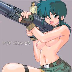 bazooka belt blue_hair blush breasts choker cream_lemon fingerless_gloves gloves green_eyes gun hair_over_one_eye lowres matagitei matagitii nipples oldschool pop_chaser rio_(cream_lemon) topless weapon