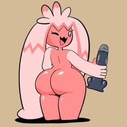 ass back_boob big_breasts big_butt breasts dildo female generation_9_pokemon hi_res humanoid looking_at_viewer looking_back nintendo nude nude_female nude_humanoid one_eye_closed open_mouth pink_body pokemon pokemon_(species) prexhi sex_toy shortstack shortstack_female solo thick_thighs tinkaton wide_hips wink yopy
