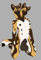 2_heads absurd_res african_wild_dog animal_genitalia anthro balls breasts brown_body brown_fur canid canine canis carson_and_caroline_halligan conjoined digital_media_(artwork) duo female fully_sheathed fur genitals hair herm hi_res intersex looking_at_viewer male mammal multi_breast multi_head nipples nude sheath sibling_(lore) skullsbesan smile solo tail