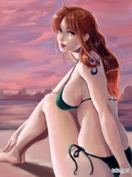 1girls 2d 2d_(artwork) 2d_artwork adult adult_female afternoon afternoon_sky ankles arm_tattoo back bare_arms bare_back bare_calves bare_hands bare_hips bare_knees bare_legs bare_shoulders bare_skin bare_thighs barefoot beach big_breasts bikini bikini_bottom bikini_only bikini_top blue_sky blue_tattoo bracelet breasts busty busty_female busty_girl calves clouds coast day daylight daytime digital digital_art digital_drawing digital_drawing_(artwork) digital_media digital_media_(artwork) drawing earrings exposed_arms exposed_back exposed_hips exposed_legs exposed_shoulders exposed_skin exposed_thighs exposedfoot eyebrows_visible_through_hair feet female female_focus female_only fingernails fingers full_body ginger ginger_hair green_bikini green_bikini_bottom green_bikini_top green_swimsuit green_swimwear halterneck high_resolution highres horizon inframammary_fold knees large_boobs large_breasts lean_figure legs lips lipstick long_hair looking_at_viewer looking_back looking_back_at_viewer mature mature_female median_furrow nami_(one_piece) narrow_waist ocean one_piece orange-eyed_female orange-haired_female orange_eyebrows orange_eyes orange_hair orange_hair_female outdoor outdoor_nudity outdoors outside post-timeskip red_lips red_lipstick sand sea seaside shoulders shueisha side-tie_bikini sideboob sitting sitting_on_ass sitting_on_floor sitting_on_ground skindentation sky slender_body slender_waist slim_female slim_waist solo string_bikini swimsuit swimwear tako_art tattoo tattoo_on_arm tattooed_arm thick_thighs thighs water wavy_hair