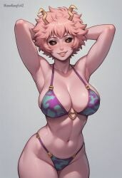 1girls 2024 ai_generated armpits arms_behind_head arms_up artist_name big_breasts bikini bikini_bottom bikini_top black_sclera blush boku_no_hero_academia breasts cleavage clothed clothed_female clothing eyelashes female female_only hands_behind_head hips horns hourglass_figure humanoid iknowkungfu42 large_breasts lips looking_at_viewer mina_ashido my_hero_academia parted_lips pink_hair pink_skin short_hair simple_background smile solo thick_thighs thighs wide_hips yellow_eyes