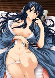 1girls alice_soft bare_shoulders blue_eyes blue_hair breasts clothing cum female hair_ribbon hips isse japanese_clothes kimono large_breasts long_hair lying mound_of_venus navel nipples on_back panties panty_pull rance_(series) ribbon sengoku_rance solo sweat uesugi_kenshin uesugi_kenshin_(rance) underwear white_panties wide_hips yukata