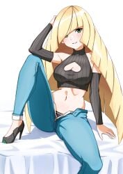 1girls alternate_costume big_breasts blonde_hair bodysuit breasts cleavage cleavage_cutout creatures_(company) cutout female female_focus female_only game_freak gamefreak green_eyes high_heels long_hair lusamine_(pokemon) nintendo pokemon pokemon_sm solo vneckstore