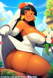 1girls ai_generated beautifulcabincrew bouquet chel chel_(the_road_to_el_dorado) cowgirl_position dark-skinned_female earrings gloves native_american native_latina patreon the_road_to_el_dorado wedding_dress wedding_veil white_gloves