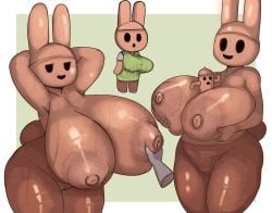 absurd_res animal_crossing anthro ass big_breasts big_butt black_eyes bowling_ball_face breast_grab breasts brown_body coco_(animal_crossing) darky03 darky032 female genitals hand_on_breast hands_behind_head hi_res holding_breast huge_breasts huge_thighs lagomorph leporid looking_at_viewer mammal nintendo nipples nude open_mouth open_smile pussy rabbit simple_background smile smiling_at_viewer solo species_request standing thick_thighs