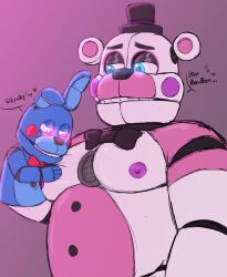 2023 animatronic animatronics bear black_bowtie blue_body blue_eyes bowtie breasts bunny bunny_ears color colored dialogue english_dialogue english_text eyes_half_open five_nights_at_freddy's five_nights_at_freddy's:_sister_location fnaf funtime_freddy funtime_freddy_(fnafsl) glowing_eyes grabbing_breast half-closed_eyes hat lagomorph leporid looking_at_another looking_at_breasts male male_only manboobs moobs nipples no_humans pink_body pink_eyes puppet_bonnie_(fnafsl) purple_nipples rabbit rabbit_ears red_bowtie robot scottgames shy simple_background simple_coloring sketch spaceandroids speech_bubble squeezing_breast text text_bubble touching_breast white_body