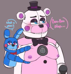 2024 animatronic bear bear_ears black_bowtie black_hat blue_body blue_eyes blush bowtie breasts bunny bunny_ears color colored dialogue english_dialogue english_text eyes_half_open five_nights_at_freddy's five_nights_at_freddy's:_sister_location fnaf funtime_freddy funtime_freddy_(fnafsl) grey_background half-closed_eyes hat lagomorph leaking_milk leporid looking_at_viewer looking_away male_breasts male_only manboobs milk milking moobs nipples pink_body pink_eyes puppet_bonnie_(fnafsl) purple_nipples rabbit rabbit_ears red_bowtie robot scottgames simple_background simple_coloring smile smiling spaceandroids speech_bubble squeezing_breast text white_body