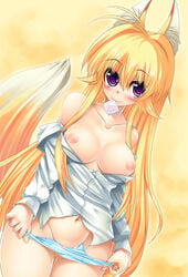 animal_ears blonde_hair blush breasts condom condom_in_mouth kanokon large_breasts minamoto_chizuru mouth_hold panties purple_eyes smile tail underwear