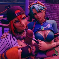 1boy 2girls 3d 3d_(artwork) big_breasts big_penis dark-skinned_male dusty_(fortnite) fortnite light-skinned_female macklesternsfw paizuri penis pink_hair red_hair selene_(fortnite) shirt_lift titfuck titjob