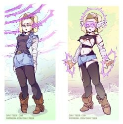 android_18 before_and_after breasts cavitees denim_skirt dragon_ball dragon_ball_z empty_eyes female_only femsub hypnosis jean_skirt mind_control pink-tinted_eyewear skirt solo tech_control tinted_eyewear tomboy torn_clothes transformation underboob visor