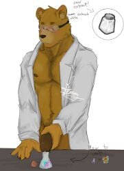 1boy anthro bear bee_swarm_simulator blush body_hair chest_hair clothing coat cork eyewear genitals goggles hi_res holding_penis icerary instructions lab_coat male male_focus male_only mammal navel nipples penis potion_bottle pubes roblox roblox_game safety_goggles science_bear_(bee_swarm_simulator) simple_background solo text topwear watermark