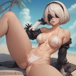 1girls abs ai_generated artist_name artist_psyopsai beach big_breasts bikini blindfold blue_eyes breasts cameltoe clothed clothing colored covered_eyes curvy digital_media_(artwork) female_focus female_only fit_female front_view legs legs_apart looking_at_viewer nier:_automata sitting solo solo_focus watermark white_hair yorha_2b