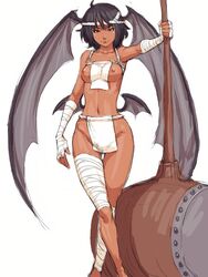 bandage bat_wings black_hair breasts copyright_request cute_fang dark_skin demon_girl fingerless_gloves fumio_(rsqkr) fundoshi gloves grey_eyes hammer head_wings headwings huge_weapon loincloth melee_weapon nipples oversized_object short_hair sketch war_hammer weapon wings