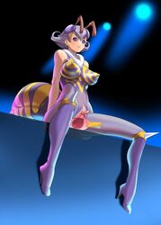 antennae ass blush breasts capcom clitoris clothing cosine darkstalkers detailed_pussy erect_nipples erect_nipples_under_clothes exhibitionism female gape gaping high_heels highres insect_girl medium_breasts monster_girl open_for_all purple_eyes purple_hair pussy q-bee shoes sitting skin_tight smile solo spread_pussy stage translucent uncensored