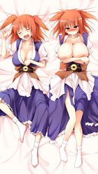 blush breasts breasts_apart cleavage cum cum_on_body cum_on_breasts cum_on_upper_body dakimakura dress female footwear highres huge_breasts komachi_onozuka kurikara lying messy_sleeper nipples red_eyes red_hair saliva short_hair sleeping socks solo sweat tied_hair touhou twintails