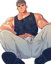 1boy bara bare_pectorals bulge large_pectorals male male_focus male_only muscular muscular_male original pectorals short_hair sweatpants thick_eyebrows yaoi youchi123