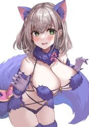 absurdres animal_ears blush breasts claw_pose cleavage cosplay elbow_gloves fate/grand_order fate_(series) female fur-trimmed_gloves fur-trimmed_legwear fur_collar fur_trim gloves green_eyes grey_hair hands_up highres hololive large_breasts mash_kyrielight mash_kyrielight_(dangerous_beast) mash_kyrielight_(dangerous_beast)_(cosplay) mashu navel o-ring o-ring_top open_mouth purple_gloves purple_tail purple_thighhighs revealing_clothes rum_raisin_(chihiromakita19) shielder_(fate/grand_order) shirogane_noel short_hair simple_background solo tail thighhighs virtual_youtuber wavy_hair white_background wolf_ears wolf_tail
