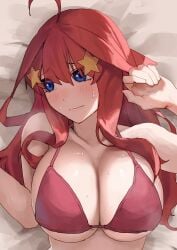 ahoge amog averting_eyes bed bikini blue_eyes blush breasts cleavage collarbone embarrassed female go-toubun_no_hanayome hair_ornament hands_up highres large_breasts long_hair looking_to_the_side lying nakano_itsuki on_back on_bed red_bikini red_hair revision solo star_(symbol) star_hair_ornament swimsuit upper_body