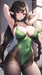 ai_assisted ai_generated big_breasts black_hair blush camel_toe cameltoe cleavage clothed cute cute_face elf elf_ears elf_female elf_girl green_hair green_leotard large_breasts leotard long_hair netherkawaii pantyhose red_eyes sfw