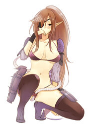 armor bikini bikini_armor breasts brown_hair cleavage copyright_request elf eye_patch knife koutarou_(artist) pointy_ears ponytail queen's_blade shield snake snake_fuck swimsuit thighhighs tied_hair zoophilia