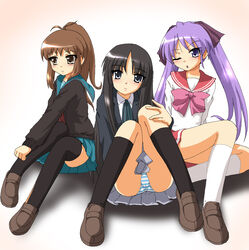 3girls black_eyes black_hair black_socks brown_eyes brown_hair brown_loafers cardigan crossover female hayashiya_zangourou hayashiya_zankurou highres human human_only k-on! kagami_hiiragi knee_socks kneehighs kneesocks kyonko loafers long_hair lucky_star mio_akiyama_(k-on!) multiple_girls oekaki panchira_sit panties pantyshot pantyshot_(sitting) pantyshot_sitting pixel_art ponytail purple_eyes purple_hair rule_63 school_uniform serafuku sitting socks striped striped_panties suzumiya_haruhi_no_yuuutsu thigh_socks thighhighs tied_hair twintails underwear white_socks wink