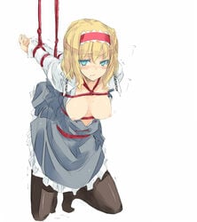 alice_margatroid blonde_hair blue_eyes blush bondage bondage breasts female female hairband nabeshima_tetsuhiro nipples open_clothes open_shirt pantyhose pussy_juice rope shirt short_hair sketch tears touhou trembling