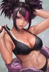 1girls armpits athletic bare_shoulders belly belly_button bra bra_lift breasts cleavage clothing collarbone facing_viewer female female_focus female_only front_view heterochromia juri_han looking_at_viewer michemashu navel open_eyes pajamas panties partially_clothed shiny_skin solo standing street_fighter sweat sweating tanline tanned tanned_female tanned_skin tied_hair toned_female wet