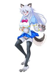 accessory anthro barefoot big_breasts black_body black_fur blush bottomwear breasts canid canine canis claws clothing corruption feet female fur grey_body grey_fur grey_hair hair humanoid intersex jewelry leona_(mgratmd) magical_girl_outfit magical_girl_rika_and_the_monster_dungeon mammal mephitid morumotto2234 navel nipples open_mouth panties pawpads red_eyes skirt skunk skunk_tail solo tail toe_claws transformation underwear wolf