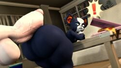 anthro ass balls big_balls big_butt big_penis black_body black_fur blue_eyes boston_terrier canid canine canis container domestic_dog doppoartz duo food fur furniture genitals hand_under_chin hi_res huge_balls huge_butt huge_cock human hunting_dog hyper hyper_genitalia hyper_penis iggy_(jjba) imminent_sex interspecies jojo's_bizarre_adventure leaning_over_table light_body light_skin male male/male mammal molosser multicolored_body multicolored_fur nude penis pizza pizza_box sharp_teeth small_molosser speech_bubble table teeth terrier toy_dog vein veiny_penis white_body white_fur