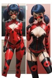 1girls ai_generated blue_eyes blue_hair chloenette69 corset female female_only ladybug_(character) large_breasts looking_at_viewer marinette_cheng marinette_dupain-cheng miraculous_ladybug solo superheroine twintails