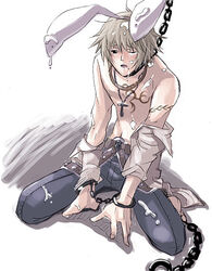 animal_ears blacksmith blacksmith_(ragnarok_online) blush bondage bunny_ears bunnyboy chains collar cross cuffed cuffs cum facial jewelry male necklace one_eye_closed ragnarok_online tattoo topless wince wink yaoi